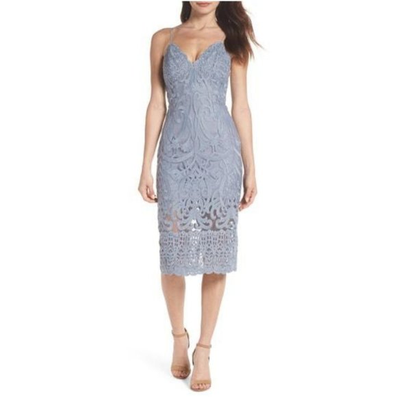 Bardot Gia Lace Pencil Dress In Dusty Blue - Picture 1 of 3